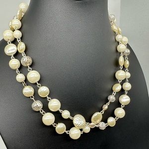 Long Pearl Double Silvertone Silver colored chain beaded necklace